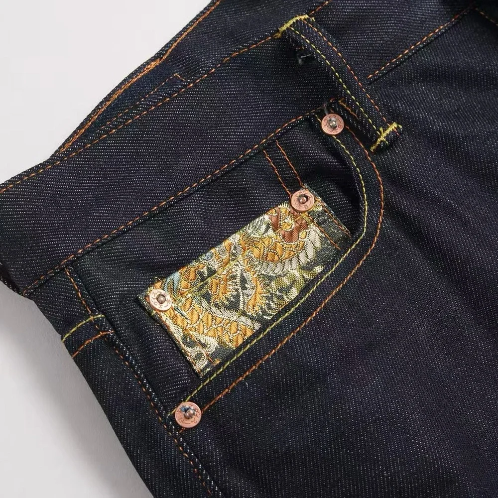 Evisu Dark Blue Straight Jeans with Yellow Patch Accents